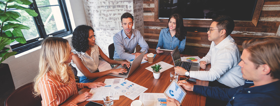 Group of people at a business meeting.  A plant is on the conference table.