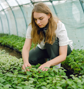 woman working in greenhouse with plants