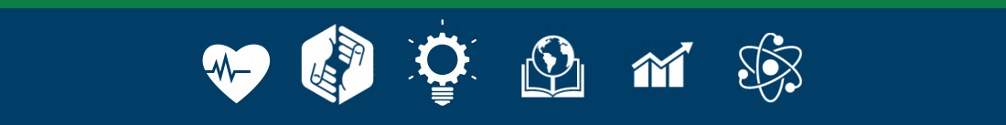 Heart, hands, lightbulb, book, bar graph, nuclear icons for discipline