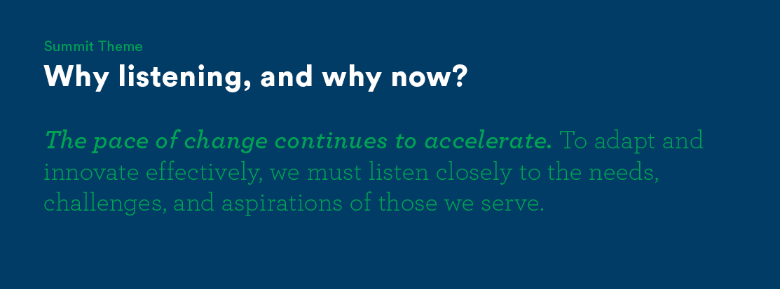 This banner says: The pace of change continues to accelerate. To adapt and innovate effectively, we must listen closely to the needs, challenges, and aspirations of those we serve.